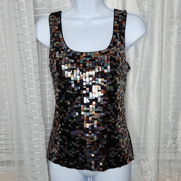 Black Y2K Sequined Scoop Neck Sleeveless Tank Top SzL - Picture 1 of 7